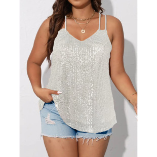 European and American cross-border 2024 summer New plus size women's clothing Amazon elegant fashion sequined sleeveless vest top