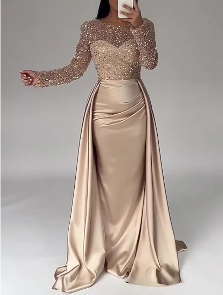 Cross-Border New Style French Satin Rose Gold Fishtail Light Luxury Elegant Temperament Annual Meeting Host Dress Sequined Long Dress