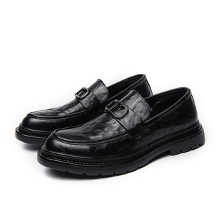 Young and middle-aged black big toe leather shoes loafers hand grip pattern casual leather shoes round toe men's shoes slip-on driving shoes men