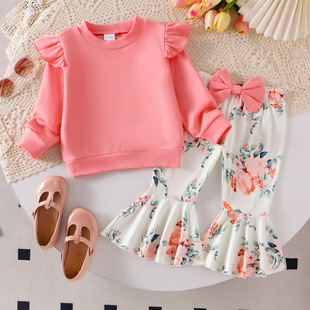 European and American Girl's Solid Color Long-Sleeved Sweatshirt Bow Flower Printed Trousers Two-Piece Set