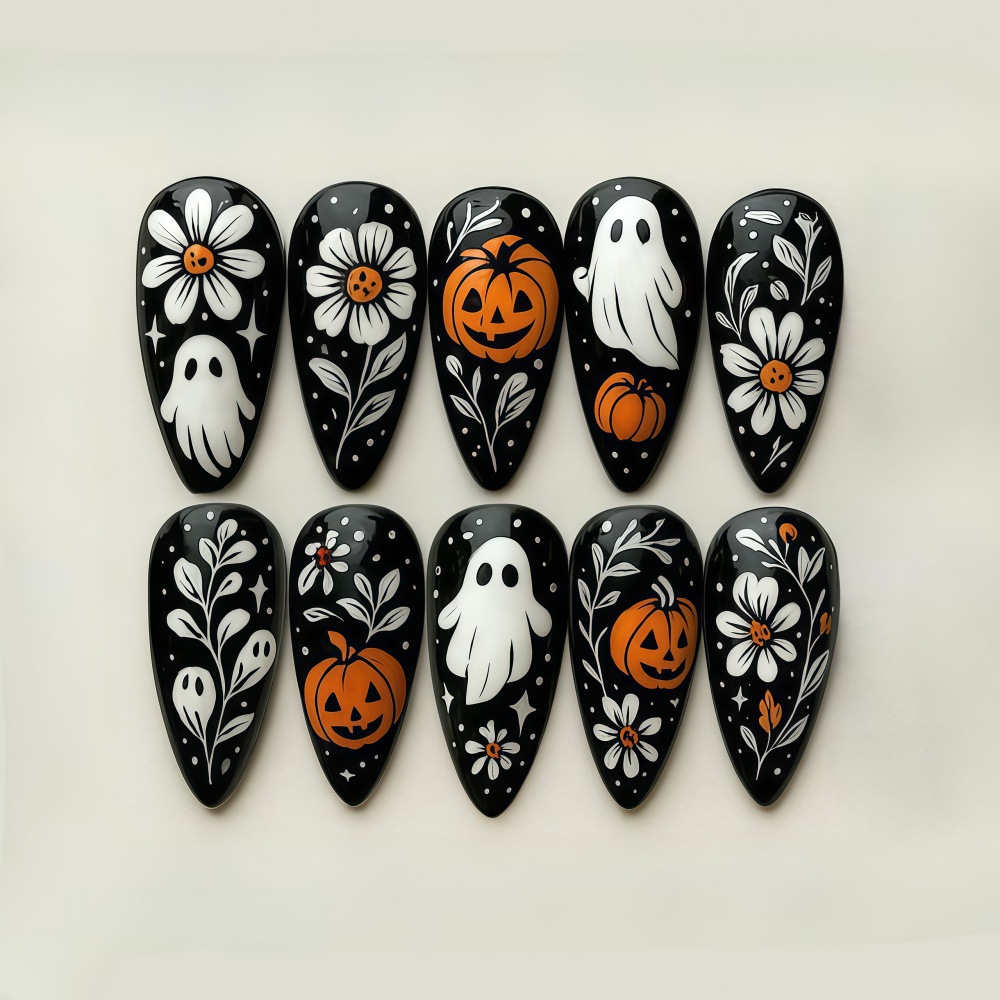 Cross-Border New Halloween Wearable Nails, Sweet and Cool Pumpkin Lantern Nail Art, Soft and Cute Ghost Fake Nail Stickers Wholesale