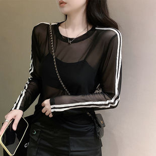 Pure Desire Unique Spice Girl Sexy Mesh Striped Stitching Long Sleeve Sunscreen Blouse Design Sense Niche Top Women