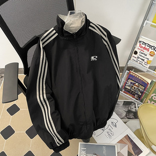 Double-Sized Jacket Men's Spring and Autumn Maillard Wear Loose Collar American Style Retro Three-Bar Sports Couple Jacket