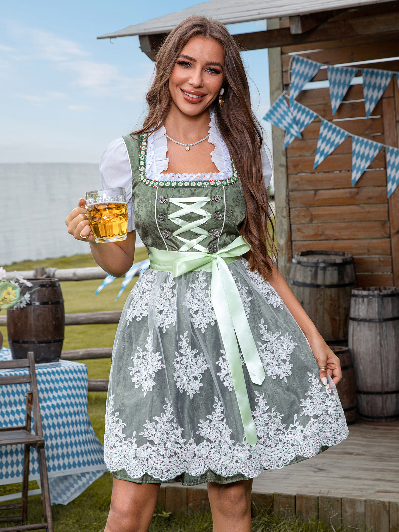 Cross-Border Wholesale Oktoberfest Women's Lace Dress European and American Maid Strap Cos Dress