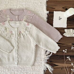 Ctuemily Autumn and Winter Cross-Border Ins Baby Girl Embroidered Cardigan Sweater Women's Treasure Crochet Ball Raglan Long Sleeve Coat