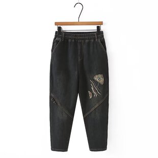 2024 autumn and winter new plus size women's fashion retro trend design fleece-lined embroidery casual pants H 70 052
