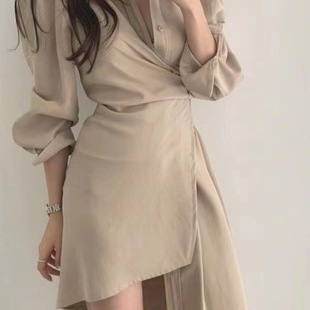 Design sense niche French slim irregular shirt dress 2023 spring and autumn elegant belly covering waist slimming skirt