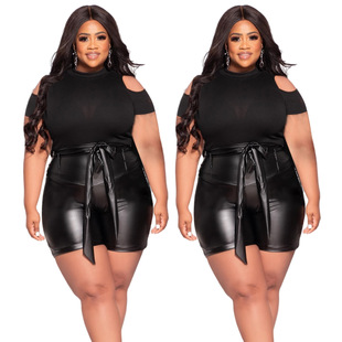 Cross-border Street Spice Girls European and American plus size Women's Clothing Amazon Source Solid Color Sexy PU Leather Shorts Women's Leather Pants