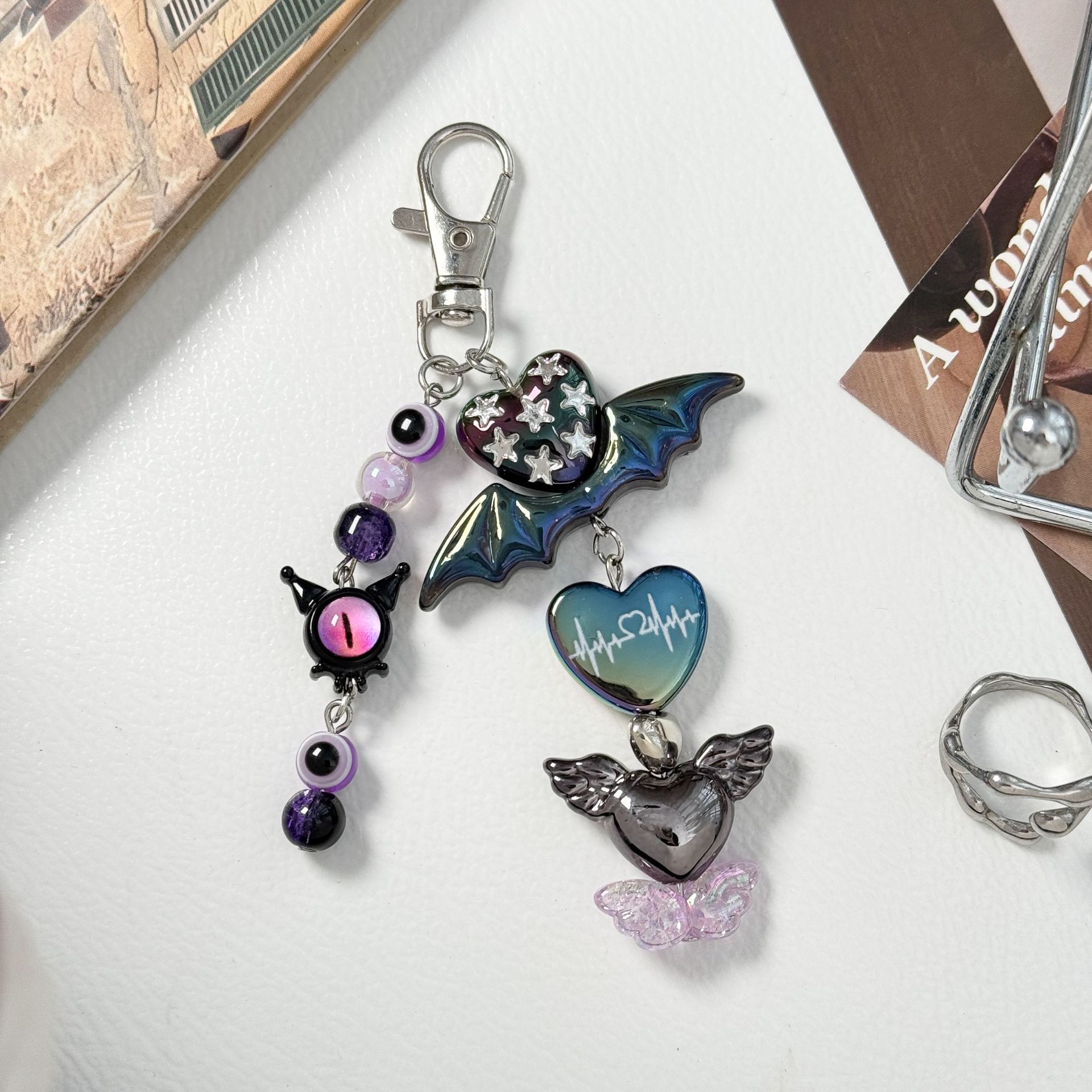 Gothic Style Sweet and Cool Accessories Pendant Devil Bat Dark Heart Mobile Phone Chain Hot Girl Student Bag Pendant Y2K