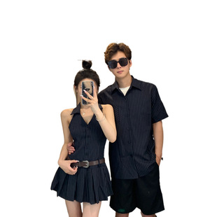 2024 autumn and winter lovers summer high sense striped women's skirt men's shirt embroidered short sleeve a generation of hair