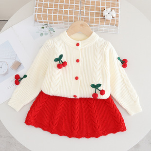 Girls' sweater skirt twist Western style Cherry knitted two-piece set autumn and winter New baby girls' Korean style cardigan fashion