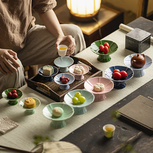 Chinese Style Vintage Refreshment Plate Ceramic High Foot Plate Exquisite High Foot Dim Plate Household Fruit Plate Snack Dried Fruit Tray