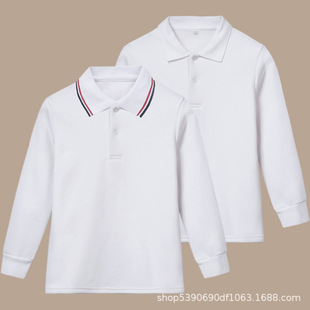 Student POLO Shirt Boys and Girls Autumn and Winter fleece-lined Thickened Pure White T-Shirt Lapel Cotton School Uniform Striped Long Sleeve