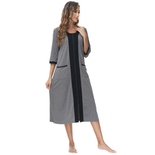 Amazon new long knitted autumn and winter cardigan pocket nightdress front zipper long sleeve home casual nightdress for women