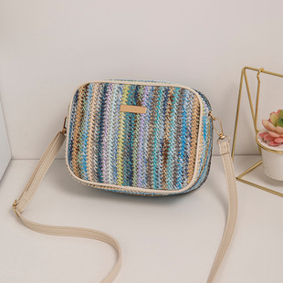 Cross-border Export Woven Bag Women's Bag Vertical Pattern Rainbow Ethnic Style Grass Woven Material Colorful Camera Bag