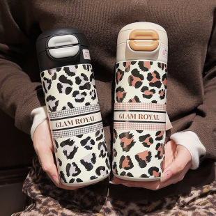 Fashion leopard print double drink mug girls trend new cup portable stainless steel sipper cup gift