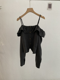 Omarlai One-Line Collar Stripesd Off-Shoulder Suspender Shirt Autumn New Ruffled Long-Sleeved Top Real Shot 10341