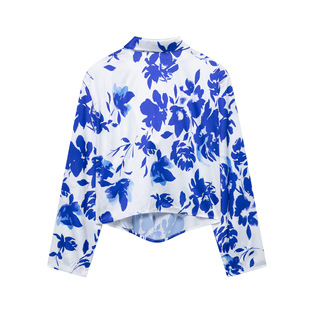 Blue Printed Pullover Shirt 2025 Spring and Summer European and American Draped Collar Long Sleeve Short Casual Top for Women