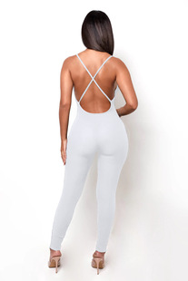 2023 Cross-border Amazon Women's Solid Color Rib Sling Beauty Strap Chest Pad Casual Yoga Jumpsuit in Stock