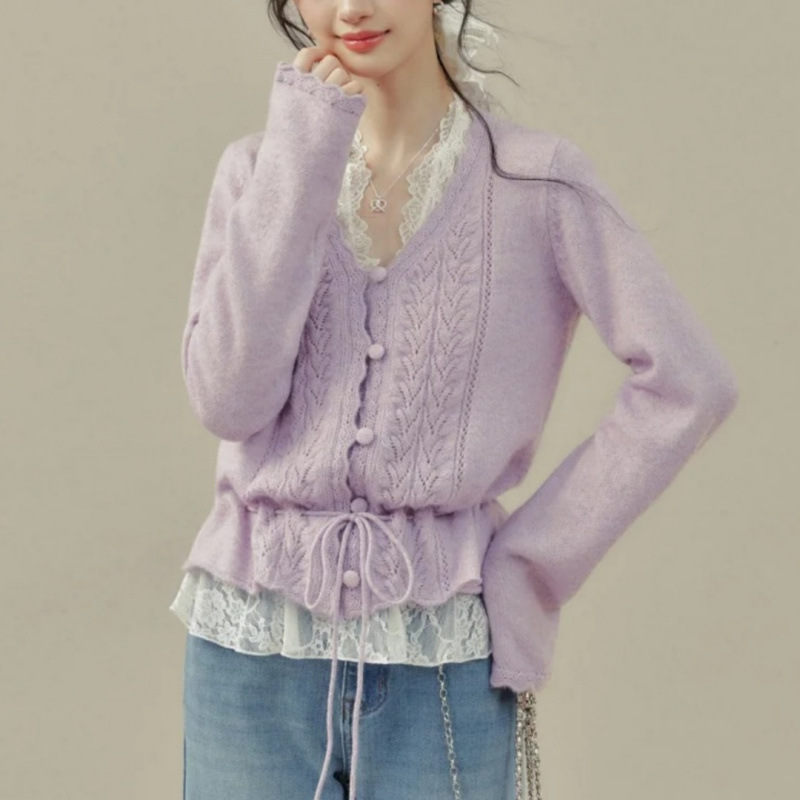French-Style Crochet Hollow-Out Pom-Pom V-Neck Long-Sleeve Knit Sweater for Women with a Unique Design and Drawstring