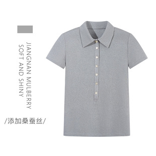 Mulberry Silk Buckle Shoulder Polo Shirt Women's 2025 Casual Short-sleeved Shoulder Summer New Fashion Slim-fit Laps T