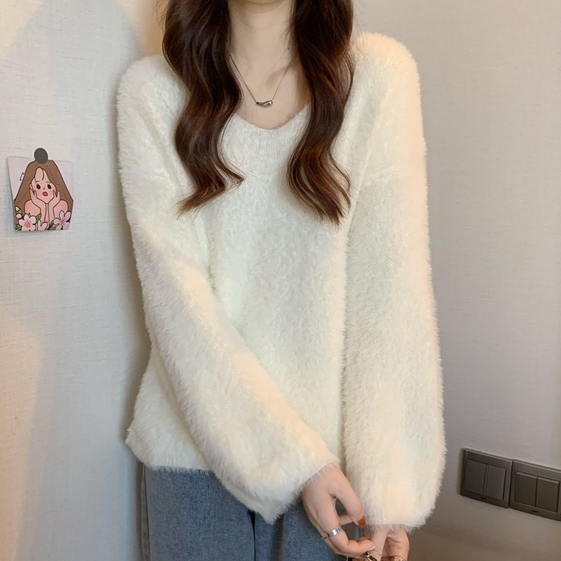 부드러운 스타일 부드러운 왁스 방수 밍크 벨벳 스웨터 여성의 가을과 겨울 두꺼운 느슨한 게으른 스타일 V 넥 풀오버 스웨터 탑