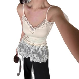 Cross-border Pure Desire V-neck Lace Atmosphere Camisole Women's Stitching Mesh Sleeveless Top with Chest Pad