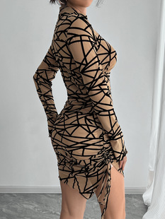 Europe and the United States cross-border 2025 spring and summer new ladies slim side drawstring small stand collar long sleeve irregular short dress