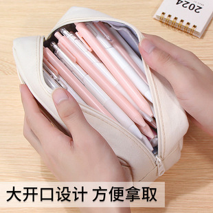 Solid color simple canvas pencil case high-looking large capacity girl stationery bag ins style niche primary school student pencil bag