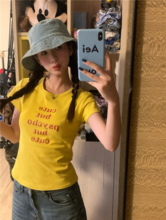 Real Shot of 2025 Summer New Retro American Letter Print Slim Short-Sleeved T-Shirt for Women