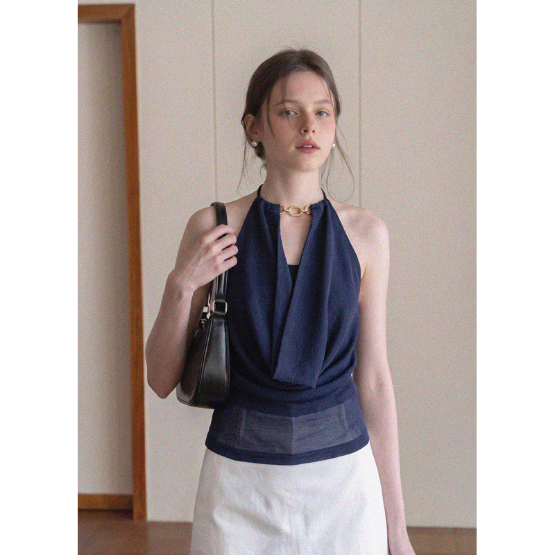 Stylish halter neck, drop-neck, waist-cinching hot girl top for women, new summer hot girl style, dark blue, slimming, sleeveless inner wear