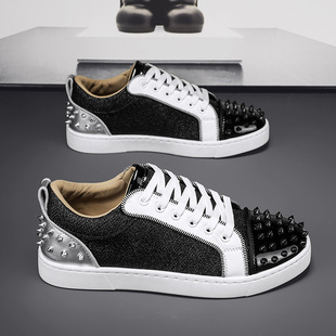 Men's Shoes 2024 Autumn New Online Celebrity Casual Fashion Rivet Trendy Shoes All-match Black Work Low-top Flat Sneakers