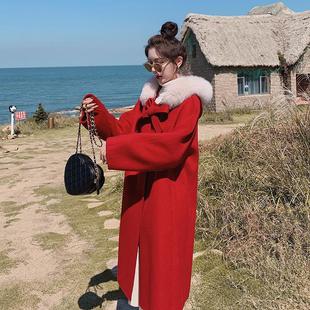 Real shot 2024 New Year red woolen coat women's winter new this year popular loose hooded long coat