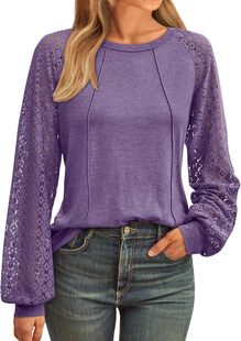Europe and the United States cross-border Amazon 2024 autumn and winter new women's loose fashion lace stitching round neck long sleeve T-shirt women
