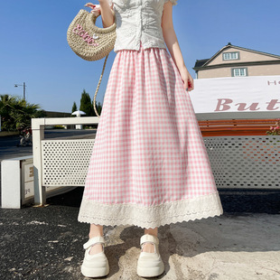 Real Shot Lace Plaid Skirt Women's Mid-length 2025 New High Waist Slimming A- line Puff Cake Skirt