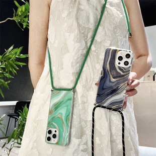 16 Jinsha Dropping Adhesive Marble Phone Case Crossbody iPhone15 Back Suitable for Apple 13 Hanging Neck 13promax