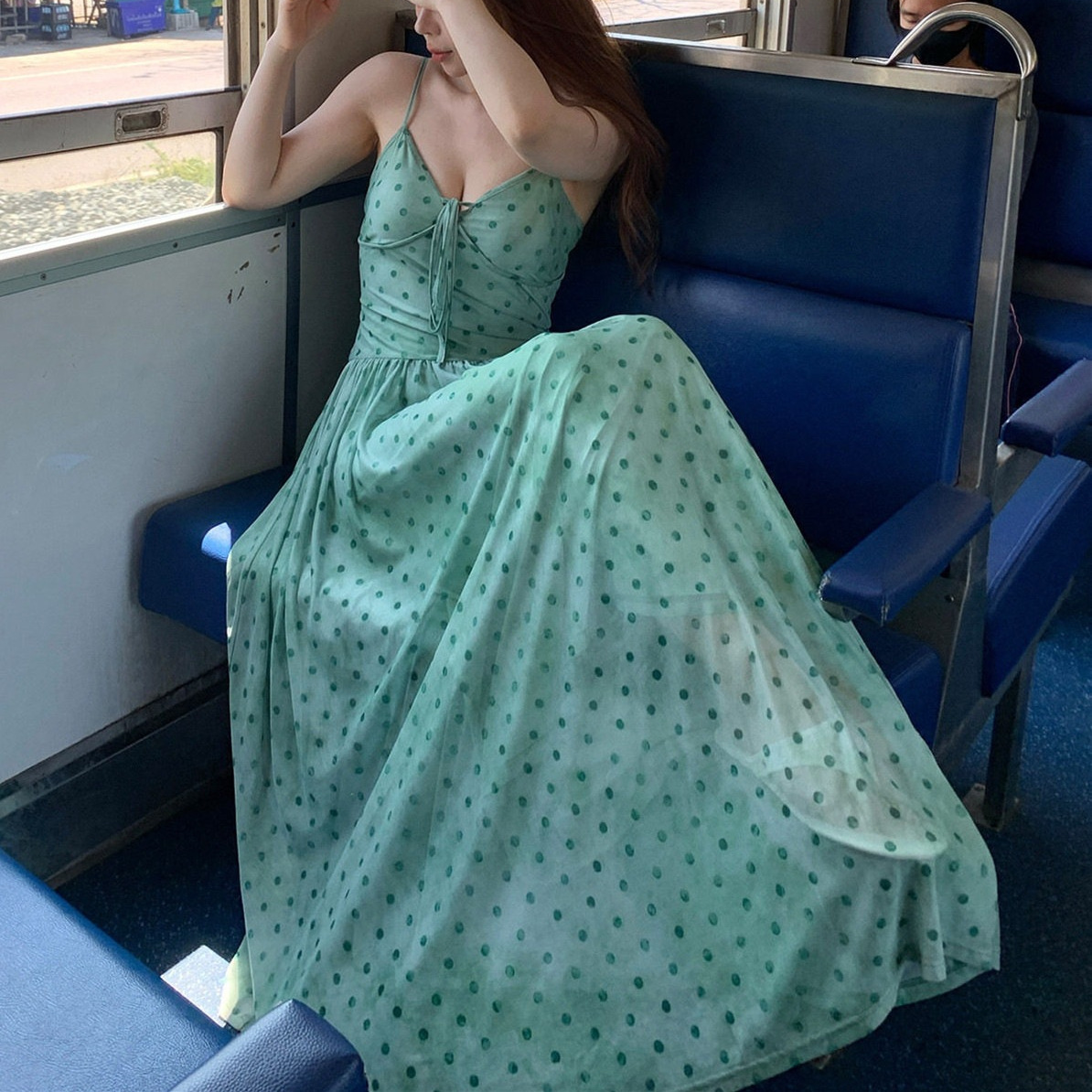 Sexy Polka Dot Suspender Dress with Deep V-Neck and Tie, Summer Style for Women, Elegant Drape, Backless, Large Hem, Vacation Style Long Dress
