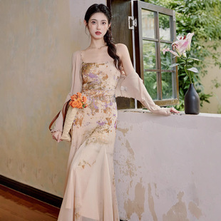 French Style Unique Beautiful Sling dress Print Seaside Holiday Beach Long Dress Fairy Elegant Slim Fishtail Dress
