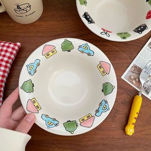 Creative Cute Childlike Ceramic Bowl Embossed Hand-painted Turn-up Straw Hat Salad Bowl Pagat Deep Plate Household Dish Rice Bowl