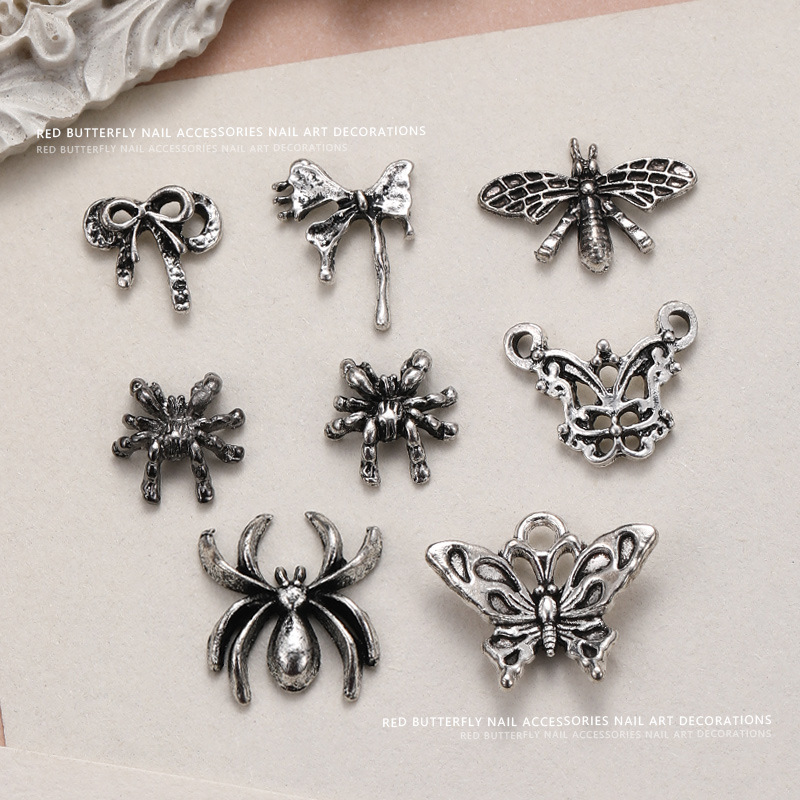 Dark Retro Bow Butterfly Spider Nail Art Jewelry Nail Decoration Manicure Wearable Nail Metal Diamond Accessories