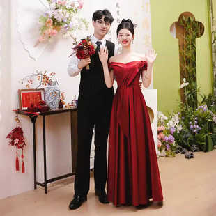 One-Shoulder Toast Dress Bride High-Level Wedding Red High-End Light Luxury Satin Engagement Evening Dress Elegant Dress