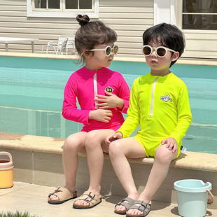 Boys' and Girls' Swimwear Dopamine Fluorescent Seaside Long-Sleeved One-Piece Sunscreen Quick-Drying Children's Swimwear