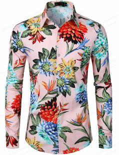 AliExpress cross-border foreign trade new men's long sleeve flower shirt fashion lapel casual loose men's shirt
