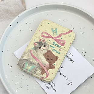 Original Bear Folding Mirror Portable PU Leather Makeup Mirror Handheld Full Screen Student Dormitory Dressing Mini Portable Mirror