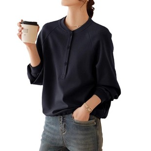 Simple Long Sleeve Sweat Spring and Autumn 2024 New All-match Commuter Korean Style Casual Loose Design Round Neck Top for Women