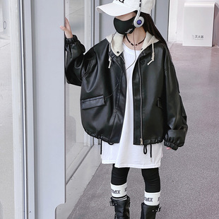 Girls' Spring Coat New Style Mid-Big Kids Western Style Loose Spring and Autumn Leather Jacket Girl's All-Match Hooded Biker Suit