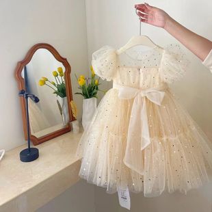 2023 Korean princess dress girls' high-end dress summer dress baby girls' bubble sleeve mesh sequined dress