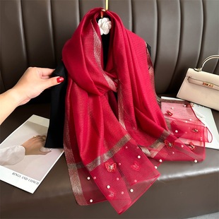 Autumn and Winter new artificial silk thin scarf female butterfly embroidery beaded fashion scarf warm warm shawl wholesale