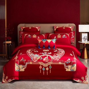 High-end double-sided long-staple cotton cotton wedding four-piece set dragon and phoenix embroidery big red cotton wedding multi-piece set wedding