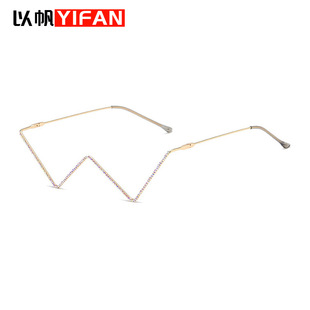 Fashion New Diamond-encrusted Metal Glasses Women's Trendy ins European and American Street Beat Glasses W-shape Personalized Decorative Glasses Frame